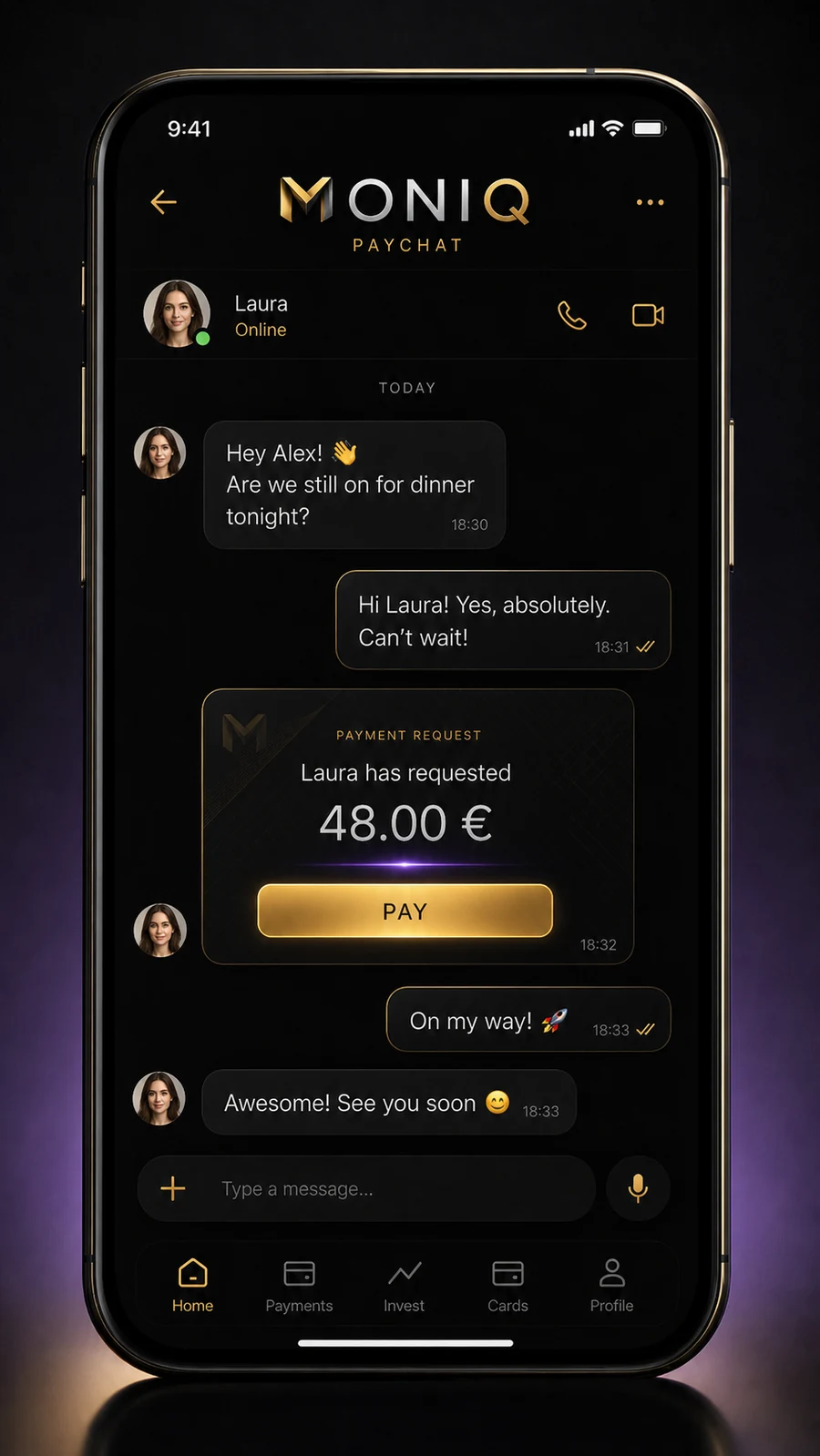 Pantalla PayChat de Moniq